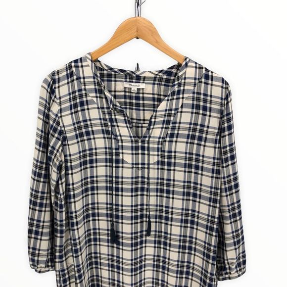Madewell Navy Cream Plaid Artiste Tunic Dress with Tassels and Pockets - Picture 4 of 13